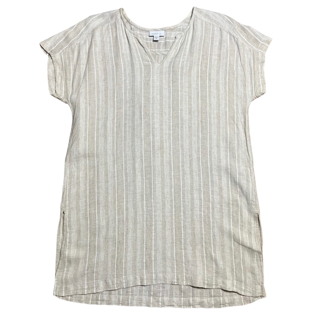 Pure Jill Linen Natural Tone Striped V-Neck Tunic Top Sz XS Petite